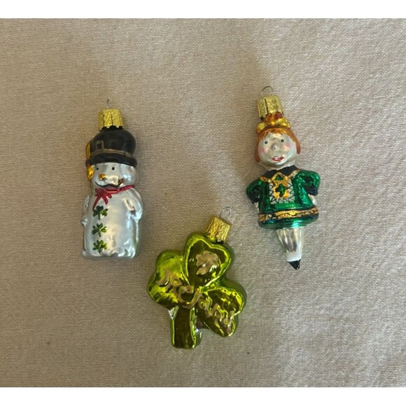 Set Of 3 Irish Themed Miniature Glass Christmas Ornaments Snowman Shamrock Irish - Picture 1 of 7
